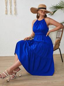 SHEIN VCAY Plus Solid Ruffle Hem Halter Dress - Blue - View 5