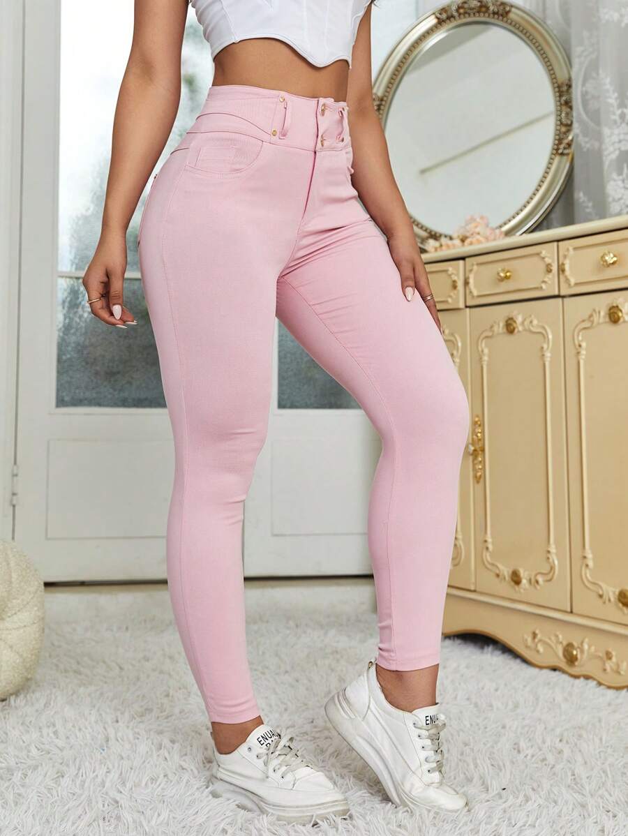 SHEIN Unity Quần bó cạp cao có túi cho nữ thường ngày - Hồng - Xem 1