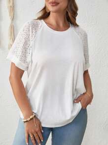 SHEIN VCAY Plus Eyelet Embroidery Raglan Sleeve Tee - White - View 4