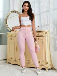 SHEIN Unity Quần bó cạp cao có túi cho nữ thường ngày - Hồng - Xem 5