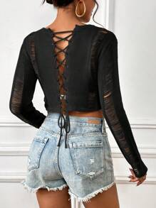 SHEIN Essnce Áo len nữ Bị tách màu trơn Giải trí - màu đen - Xem 2