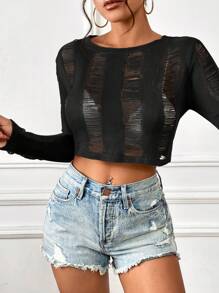 SHEIN Essnce Áo len nữ Bị tách màu trơn Giải trí - màu đen - Xem 4