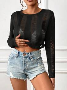 SHEIN Essnce Áo len nữ Bị tách màu trơn Giải trí - màu đen - Xem 5