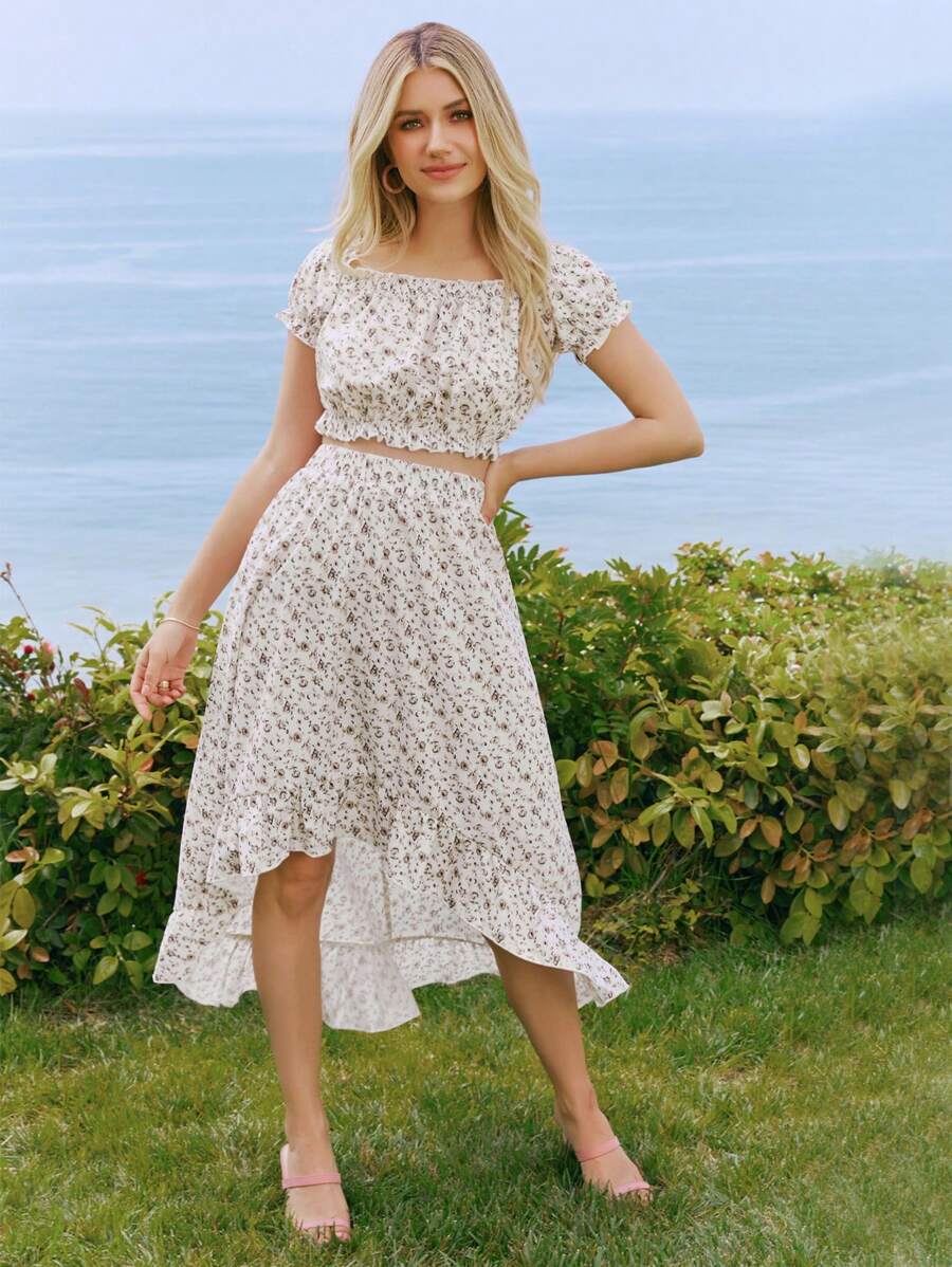 1 Áo Crop Top Ditsy Hoa Lệch Vai & 1 Chân Váy Cao Thấp Viền - Màu be - Xem 1
