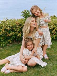 Bộ thời trang bé gái viền lá sen Viên lá sen Cao thấp Họa tiết hoa Boho - Màu be - Xem 3