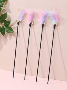 件隨機顏色羽毛逗弄棒，附鈴鐺，適合貓咪自娛自樂，寵物玩具 - 彩色 - 查看 1