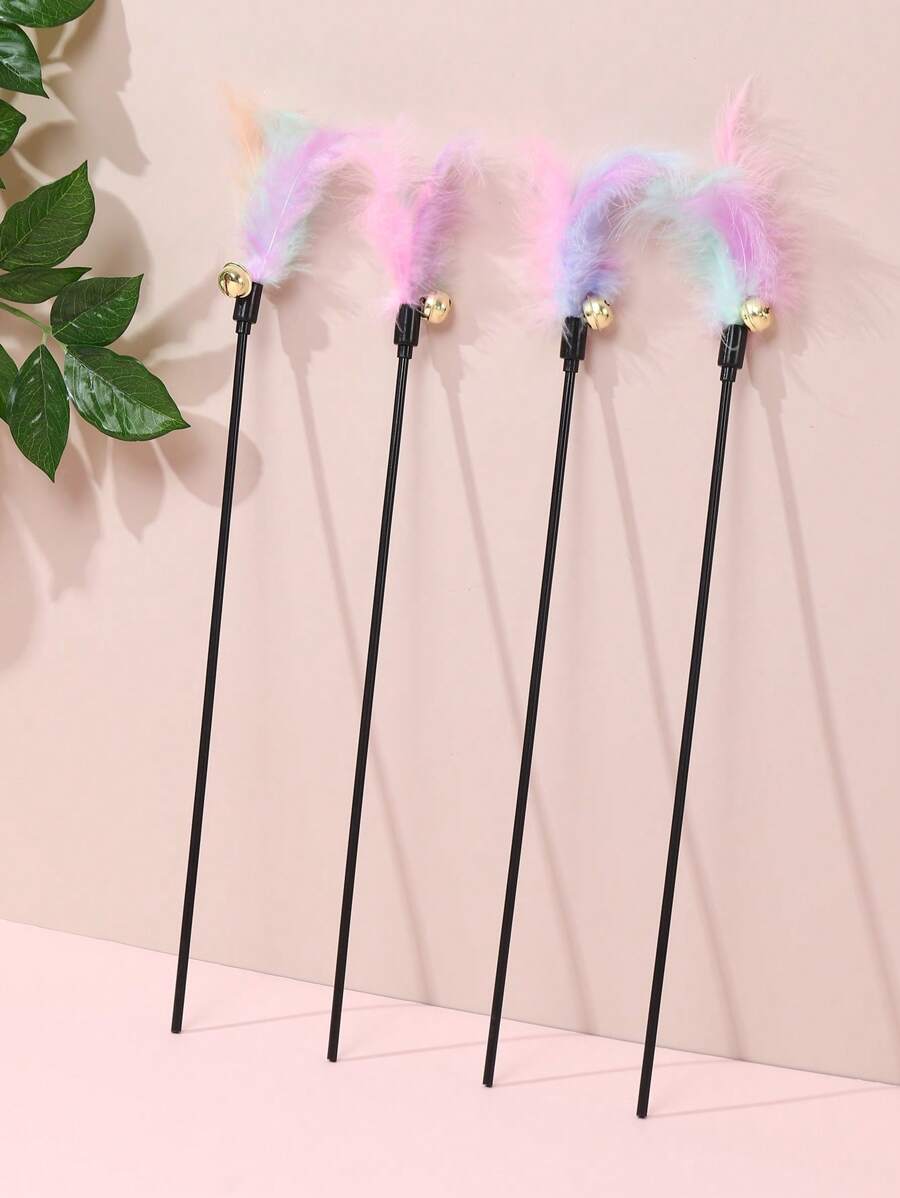 件隨機顏色羽毛逗弄棒，附鈴鐺，適合貓咪自娛自樂，寵物玩具 - 彩色 - 查看 1