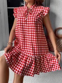 Sunnyshic Đầm Plus Size Xù Viên lá sen Thắt nơ trước Kẻ sọc Dễ thương - Đỏ - Xem 3
