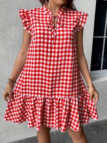 Sunnyshic Đầm Plus Size Xù Viên lá sen Thắt nơ trước Kẻ sọc Dễ thương - Đỏ - Xem 6