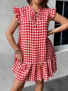 Sunnyshic Đầm Plus Size Xù Viên lá sen Thắt nơ trước Kẻ sọc Dễ thương - Đỏ - Xem 7