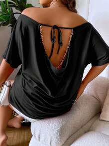 Calvaya Áo thun Plus size Lộ Lưng Chuỗi Vắt Buộc lại màu trơn Gợi cảm - màu đen - Xem 2
