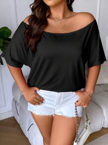 Calvaya Áo thun Plus size Lộ Lưng Chuỗi Vắt Buộc lại màu trơn Gợi cảm - màu đen - Xem 3