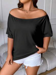 Calvaya Áo thun Plus size Lộ Lưng Chuỗi Vắt Buộc lại màu trơn Gợi cảm - màu đen - Xem 4