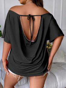 Calvaya Áo thun Plus size Lộ Lưng Chuỗi Vắt Buộc lại màu trơn Gợi cảm - màu đen - Xem 5
