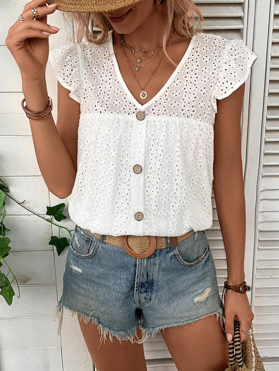 SHEIN LUNE Eyelet Embroidery Butterfly Sleeve Button Front Blouse - White - View 1
