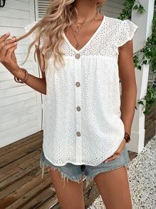 SHEIN LUNE Eyelet Embroidery Butterfly Sleeve Button Front Blouse - White - View 5