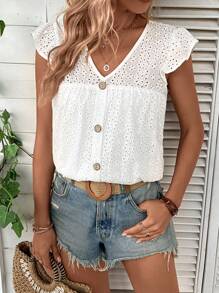 SHEIN LUNE Eyelet Embroidery Butterfly Sleeve Button Front Blouse - White - View 6