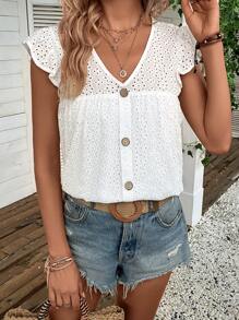 SHEIN LUNE Eyelet Embroidery Butterfly Sleeve Button Front Blouse - White - View 7