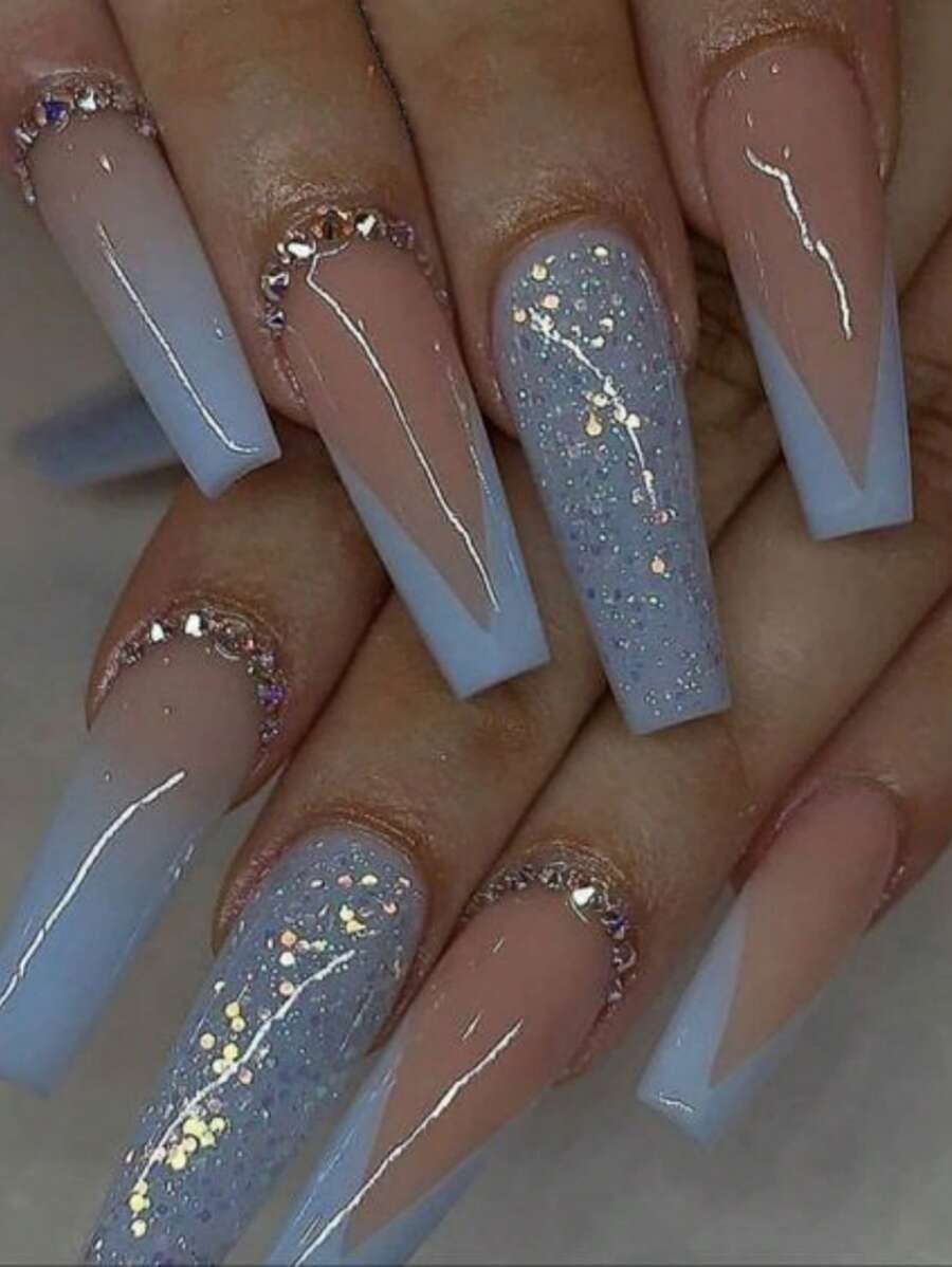 24 piezas Uñas postizas de ataúd decoradas con diamantes de imitación y 1 hoja de cinta y 1 lima para uñas, suministros para uñas - Azul - Ver 1