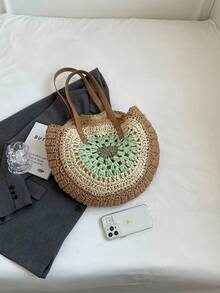 Bolsa de mimbre de gran capacidad con abertura papel vacación - Verde - Ver 5