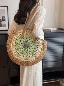Bolsa de mimbre de gran capacidad con abertura papel vacación - Verde - Ver 6