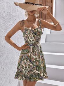 SHEIN VCAY 佩斯利印花肩上打結荷葉邊吊帶連衣裙 - 米色 - 查看 4