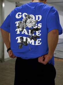 Manfinity EMRG Hombres Camiseta con estampado floral con slogan - Azul - Ver 1