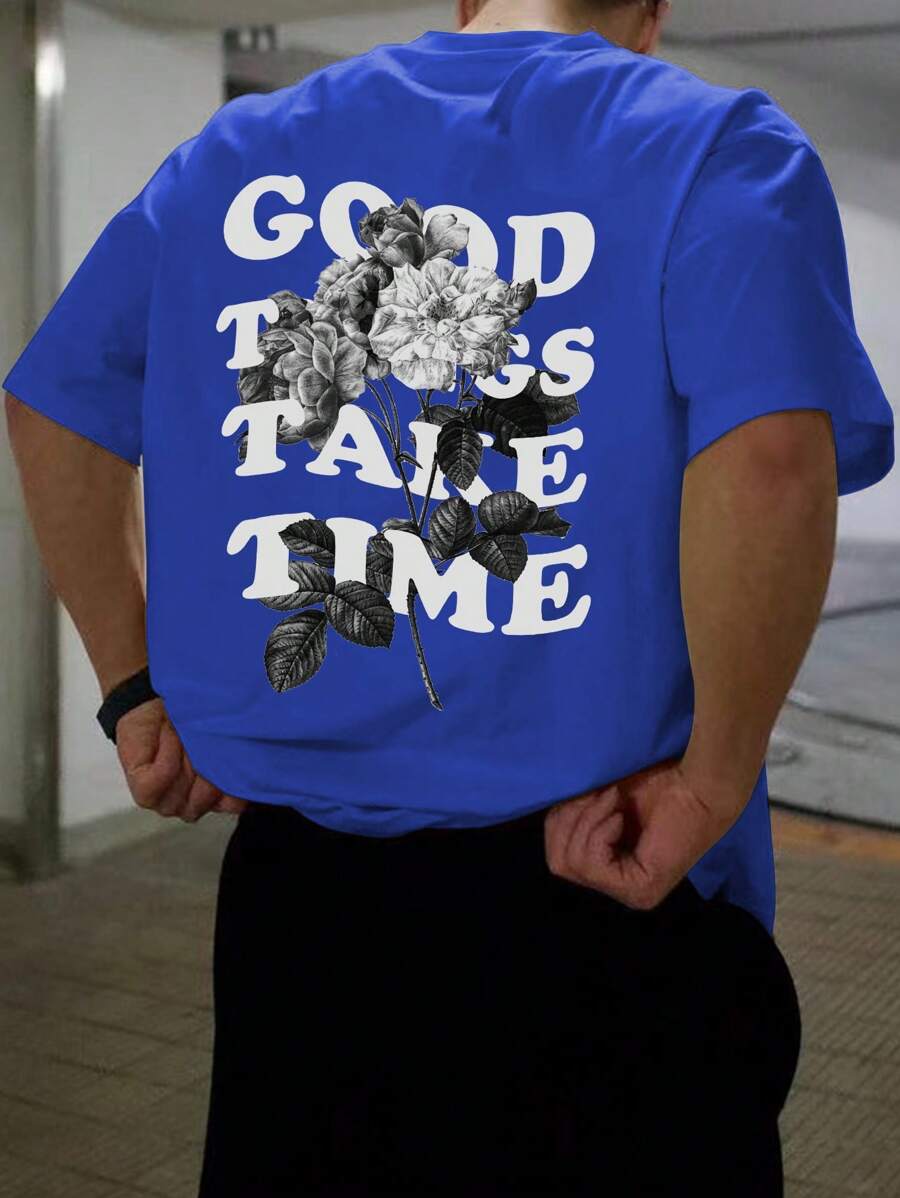 Manfinity EMRG Hombres Camiseta con estampado floral con slogan - Azul - Ver 1