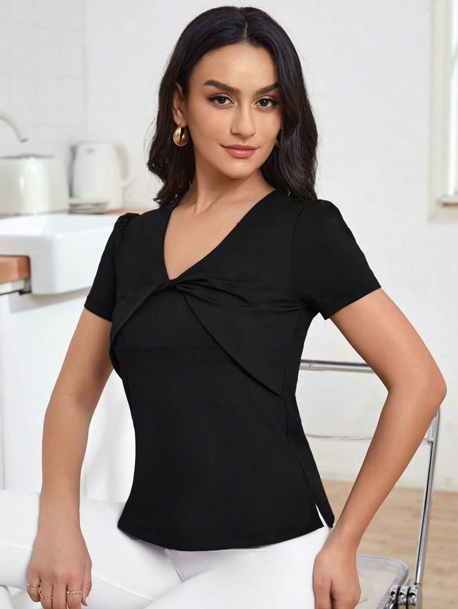 SHEIN Maternidad Camiseta unicolor girante delantero - Negro - Ver 1