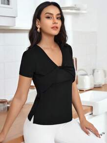 SHEIN Maternidad Camiseta unicolor girante delantero - Negro - Ver 4