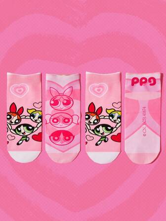 The Powerpuff Girls | ROMWE Mujer 2 piezas Calcetines tobilleros con estampado de dibujos animados dulce