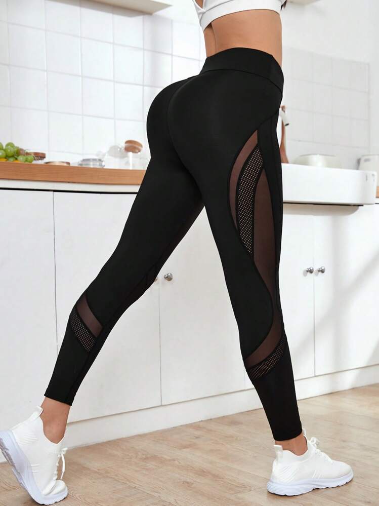 Mesh Insert Wideband Waist Sports Leggings SHEIN