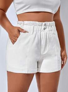Quần short denim oversized viền lá sen Túi Dây kéo màu trơn - trắng - Xem 3