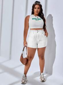 Quần short denim oversized viền lá sen Túi Dây kéo màu trơn - trắng - Xem 4