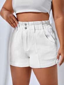 Quần short denim oversized viền lá sen Túi Dây kéo màu trơn - trắng - Xem 6