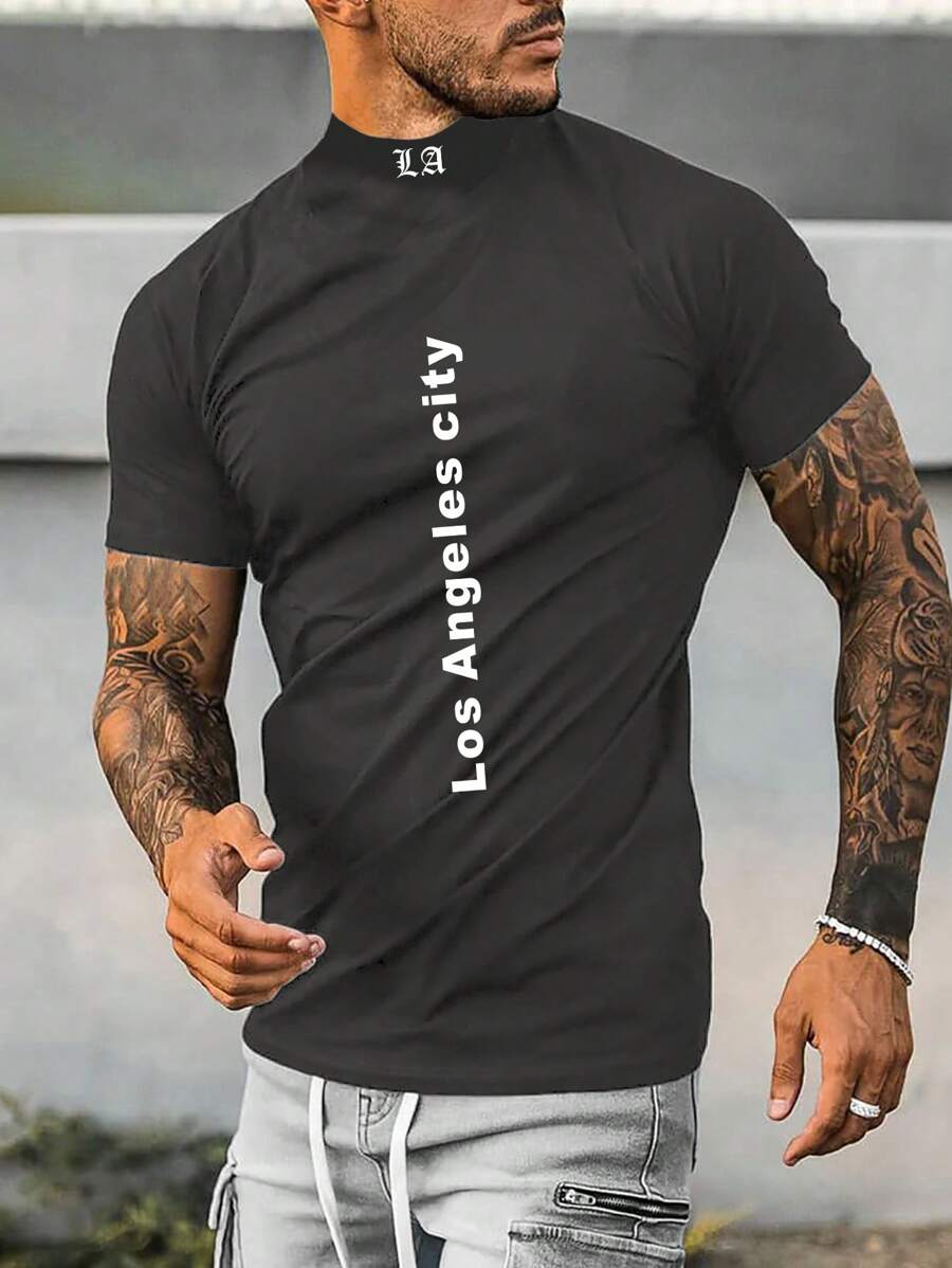 Manfinity Homme 男士字母圖案小高領T恤 - 深灰色 - 查看 1