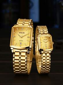 HALEI 2pcs Square Luxurious Gold Design Single Calendar Quartz Watch Suitable For Couples Or Friends As A Holiday Gift - Gold - View 1
