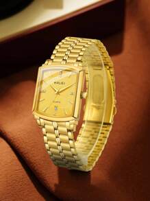 HALEI 2pcs Square Luxurious Gold Design Single Calendar Quartz Watch Suitable For Couples Or Friends As A Holiday Gift - Gold - View 2