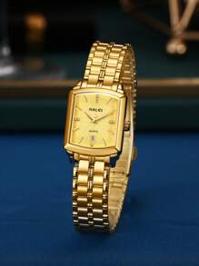 HALEI 2pcs Square Luxurious Gold Design Single Calendar Quartz Watch Suitable For Couples Or Friends As A Holiday Gift - Gold - View 3