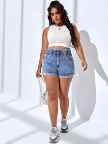 SHEIN SXY 大碼紙袋腰卷邊牛仔短褲 - 中等水洗藍 - 查看 5