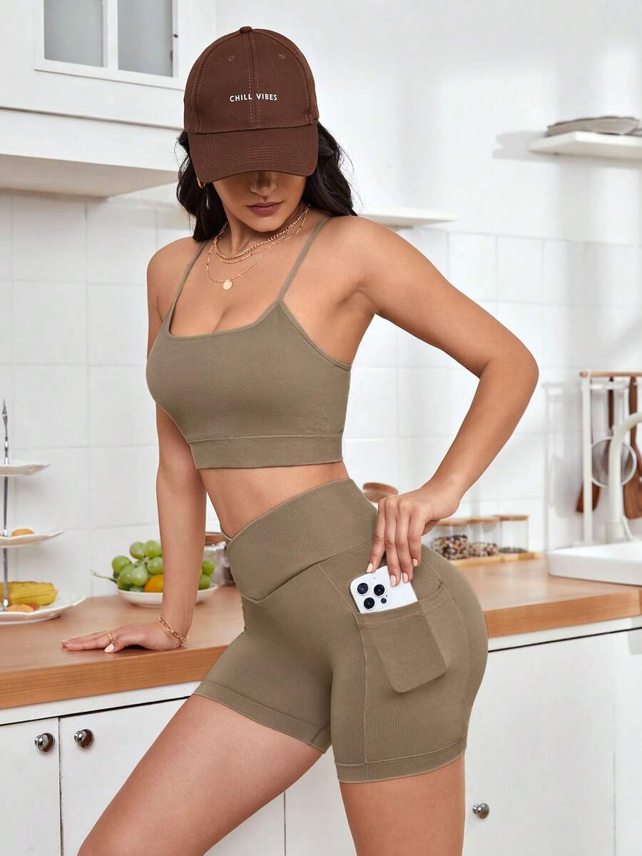 SHEIN Tennis Basic 素色寬腰帶運動套裝帶手機袋 - 卡其色 - 查看 1