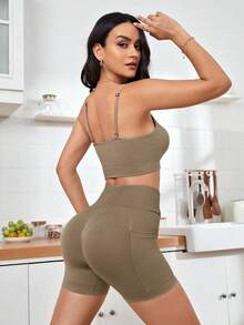 SHEIN Tennis Basic 素色寬腰帶運動套裝帶手機袋 - 卡其色 - 查看 2