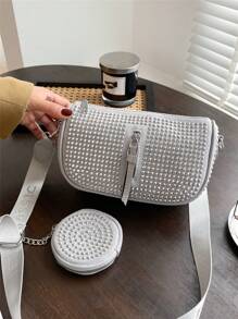 Túi đeo chéo trang trí đính đá có ví đựng tiền - Xám - Xem 1