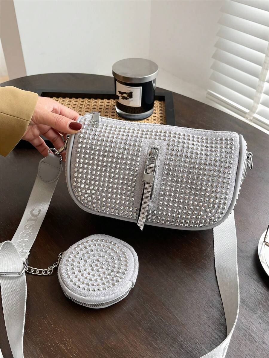 Túi đeo chéo trang trí đính đá có ví đựng tiền - Xám - Xem 1