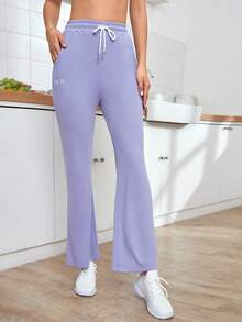 Yoga Basic Letter Graphic Drawstring Waist Flare Leg Sports Trousers - Lilac Purple - View 4