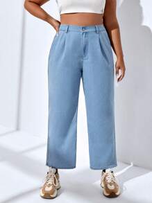SHEIN EZwear Plus High Waist Plicated Detail Wide Leg Jeans - Light Wash - View 1