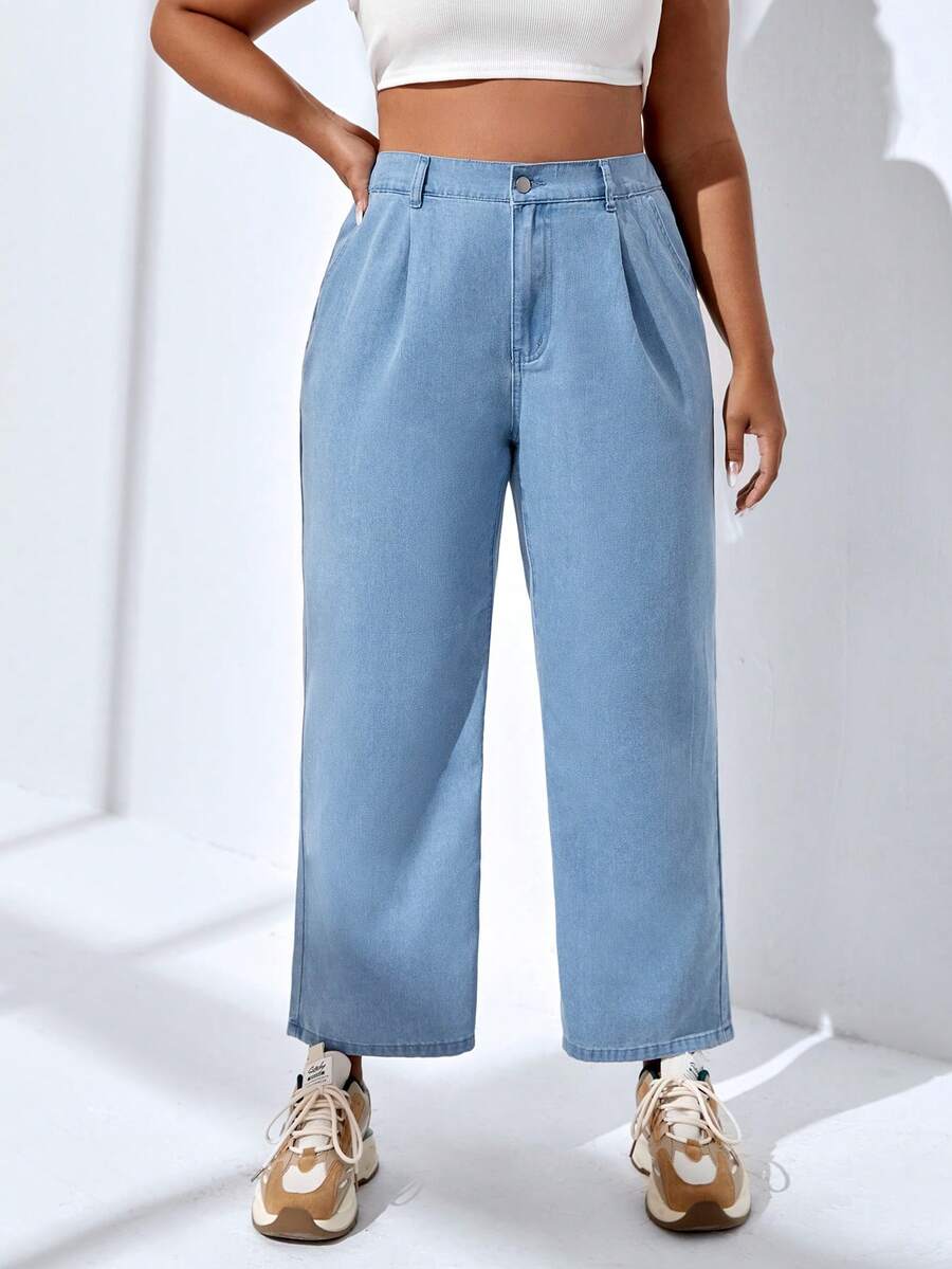 SHEIN EZwear Plus High Waist Plicated Detail Wide Leg Jeans - Light Wash - View 1
