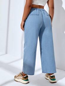 SHEIN EZwear Plus High Waist Plicated Detail Wide Leg Jeans - Light Wash - View 2