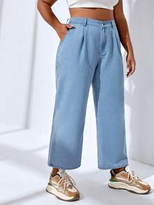 SHEIN EZwear Plus High Waist Plicated Detail Wide Leg Jeans - Light Wash - View 4