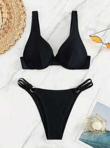 素色帶鋼圈比基尼泳裝 - 黑色 - 查看 3